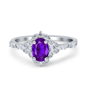 Oval Engagement Ring Accent Vintage Simulated Amethyst CZ 925 Sterling Silver